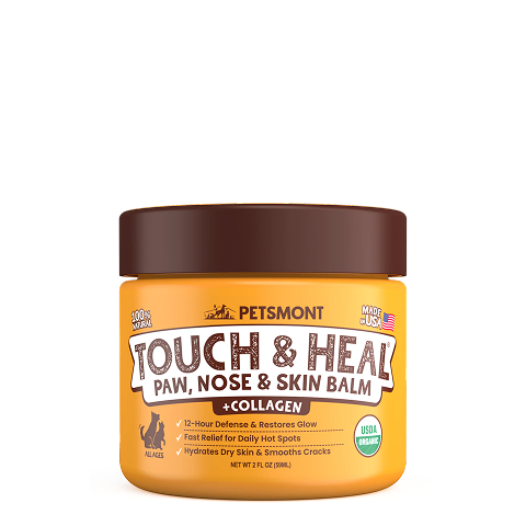 A tin of Petsmont Touch & Heal organic dog paw, nose, and skin balm for dry, cracked skin on a clean background.