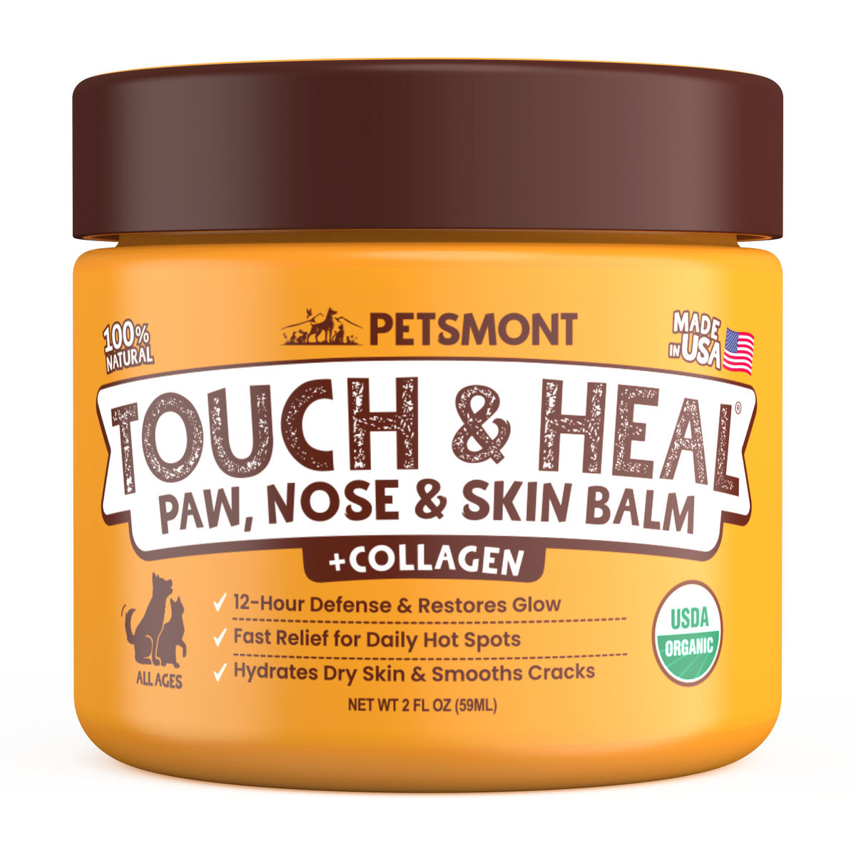 A tin of Petsmont Touch & Heal organic dog paw, nose, and skin balm for dry, cracked skin on a transparent background.