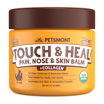 A tin of Petsmont Touch & Heal organic dog paw, nose, and skin balm for dry, cracked skin on a transparent background.